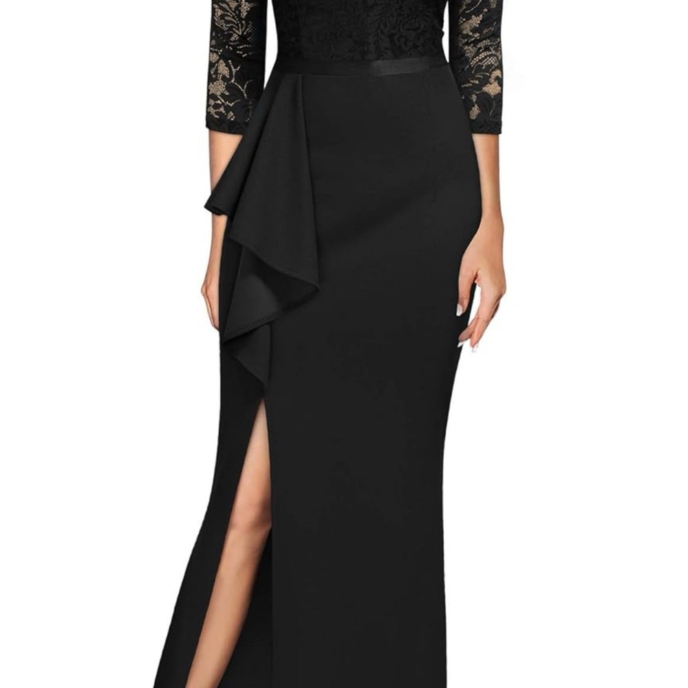 Black Lace Bodice & Ruffle Side-Slit Evening Gown